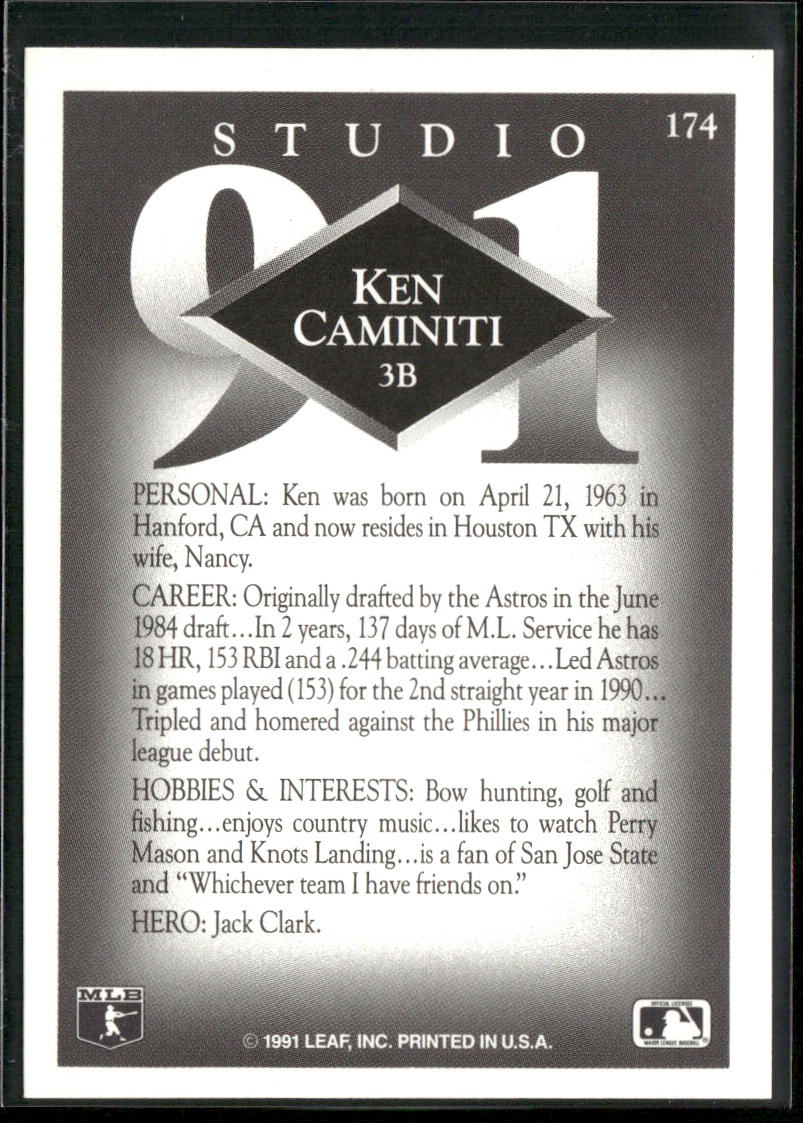 Ken Caminiti 1991 Studio #174 Houston Astros back