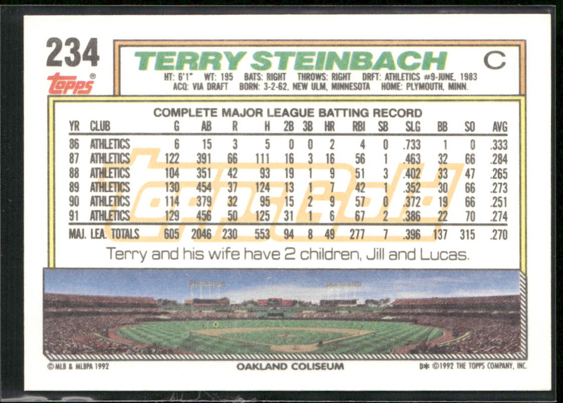 Terry Steinbach 1992 Topps Gold Winners #234 Oakland Athletics back
