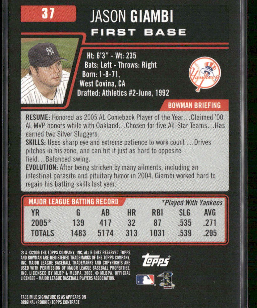 Jason Giambi 2006 Bowman #37 New York Yankees back
