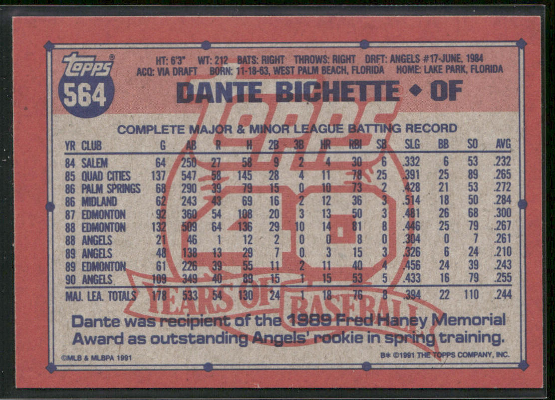 Dante Bichette 1991 Topps #564b California Angels