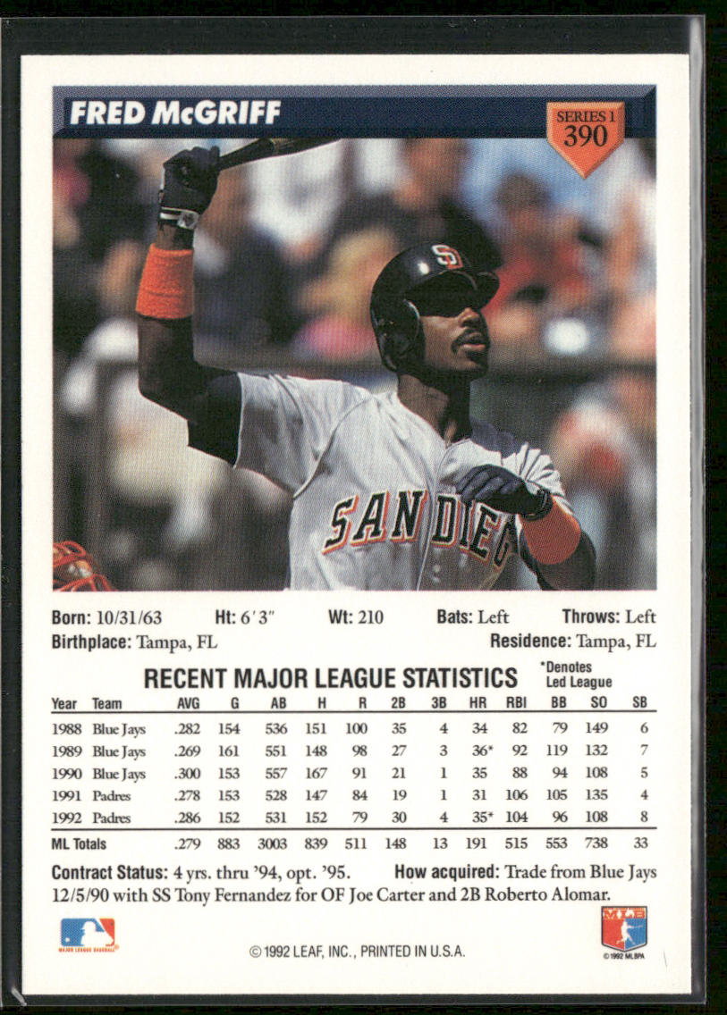 Fred McGriff 1993 Donruss #390 San Diego Padres back
