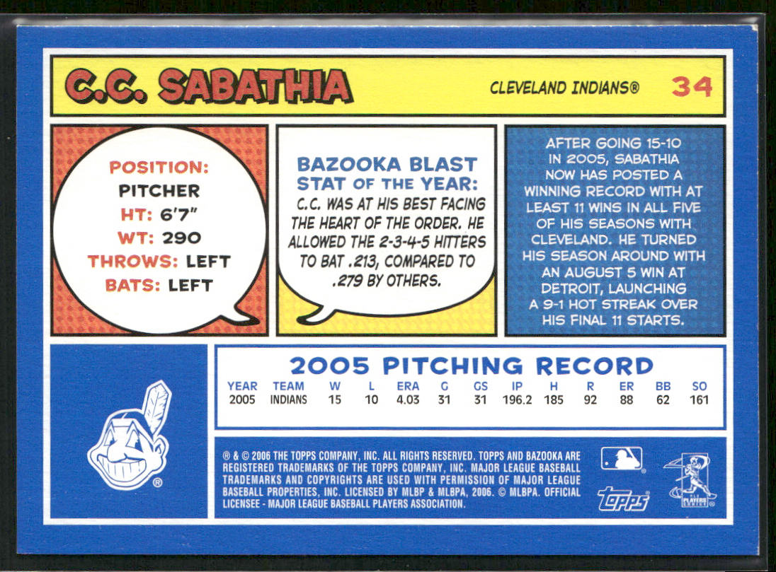CC Sabathia 2006 Bazooka Blue Fortune #34 Cleveland Indians back