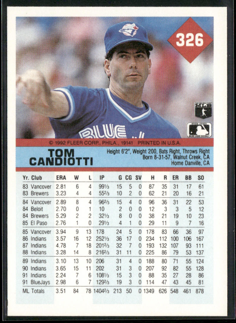 Tom Candiotti 1992 Fleer #326 Toronto Blue Jays back