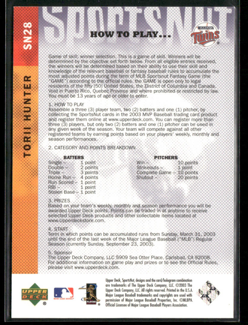Torii Hunter 2003 Upper Deck MVP SportsNut #SN28 Minnesota Twins