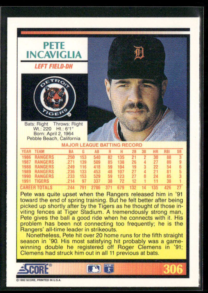 Pete Incaviglia 1992 Score #306 Detroit Tigers