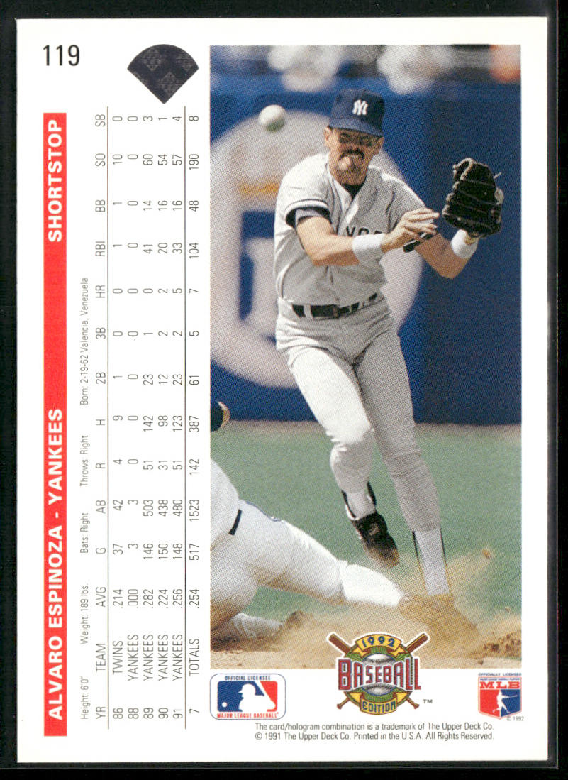 Alvaro Espinoza 1992 Upper Deck #119 New York Yankees