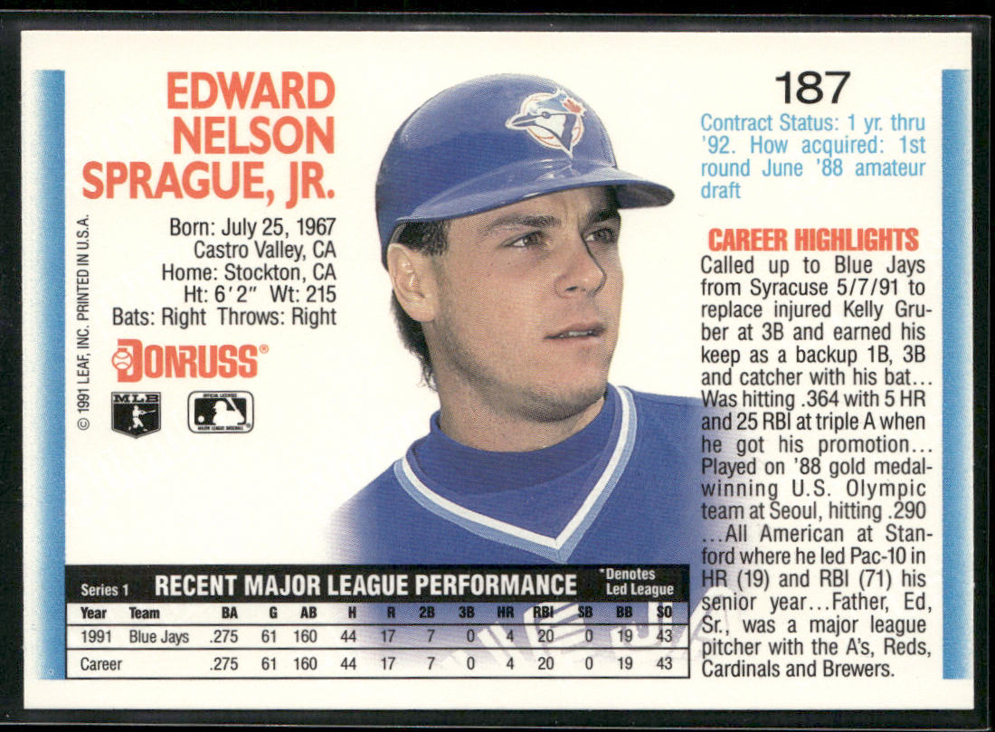 Ed Sprague 1992 Donruss #187b Toronto Blue Jays back