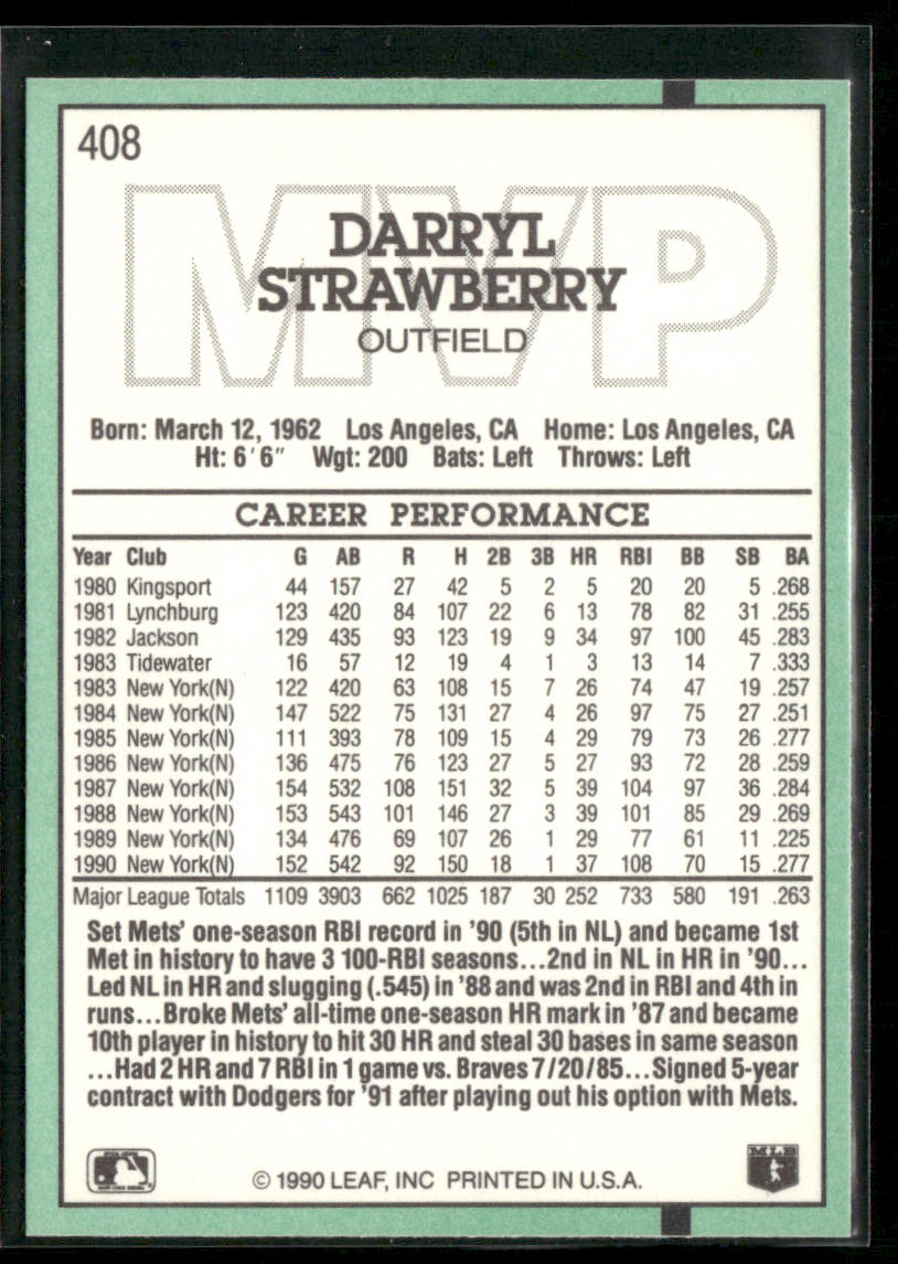 Darryl Strawberry 1991 Donruss #408 New York Mets back