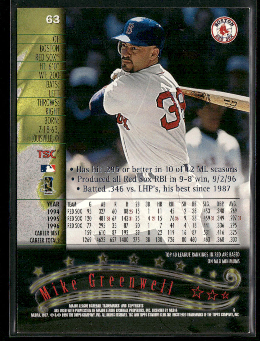 Mike Greenwell 1997 Stadium Club #63 Boston Red Sox