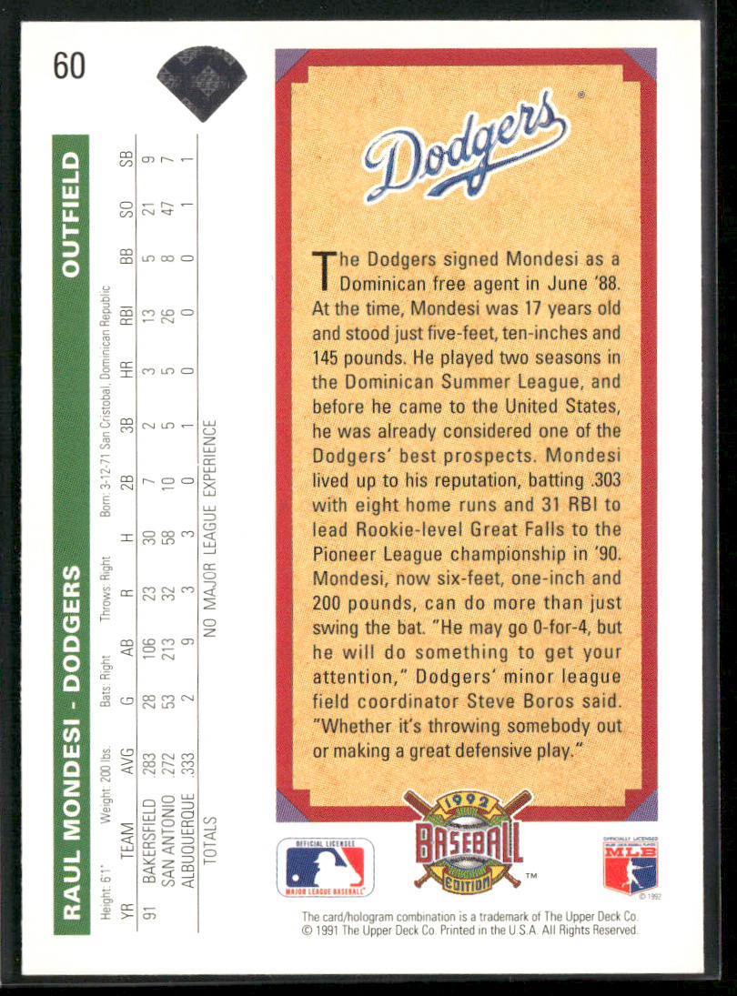 Raul Mondesi 1992 Upper Deck #60 Los Angeles Dodgers back