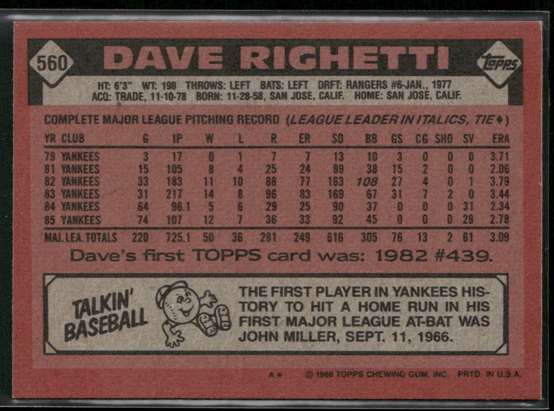 Dave Righetti 1986 Topps #560 New York Yankees back