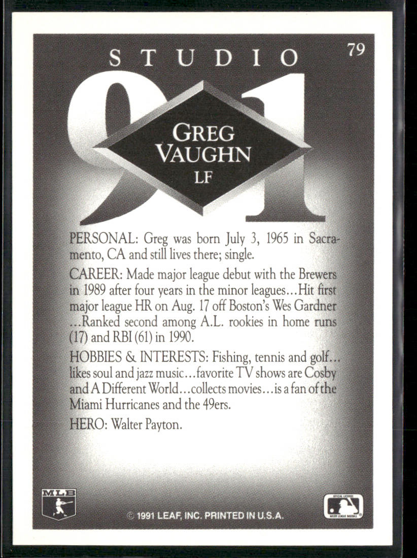Greg Vaughn 1991 Studio #79 Milwaukee Brewers back