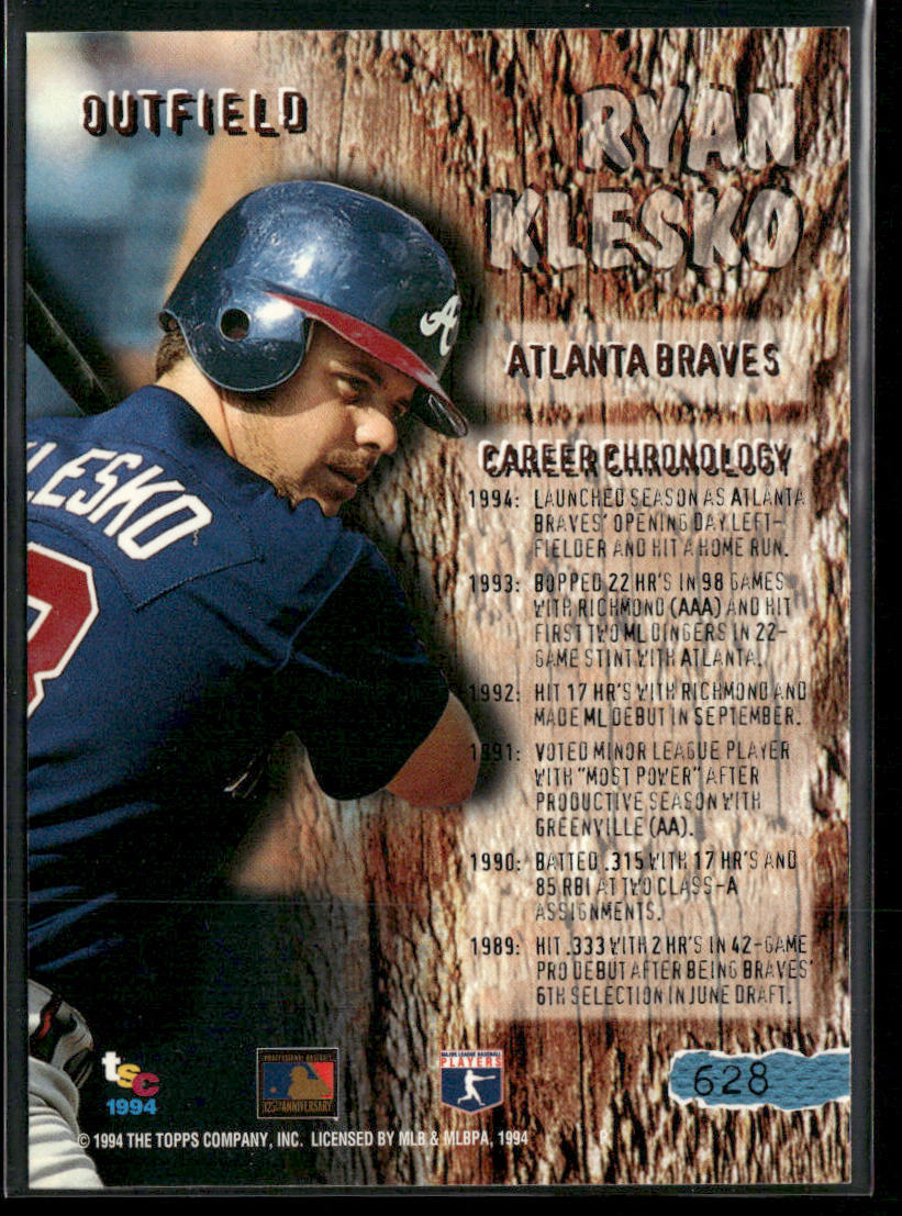 Ryan Klesko 1994 Stadium Club #628 Atlanta Braves back