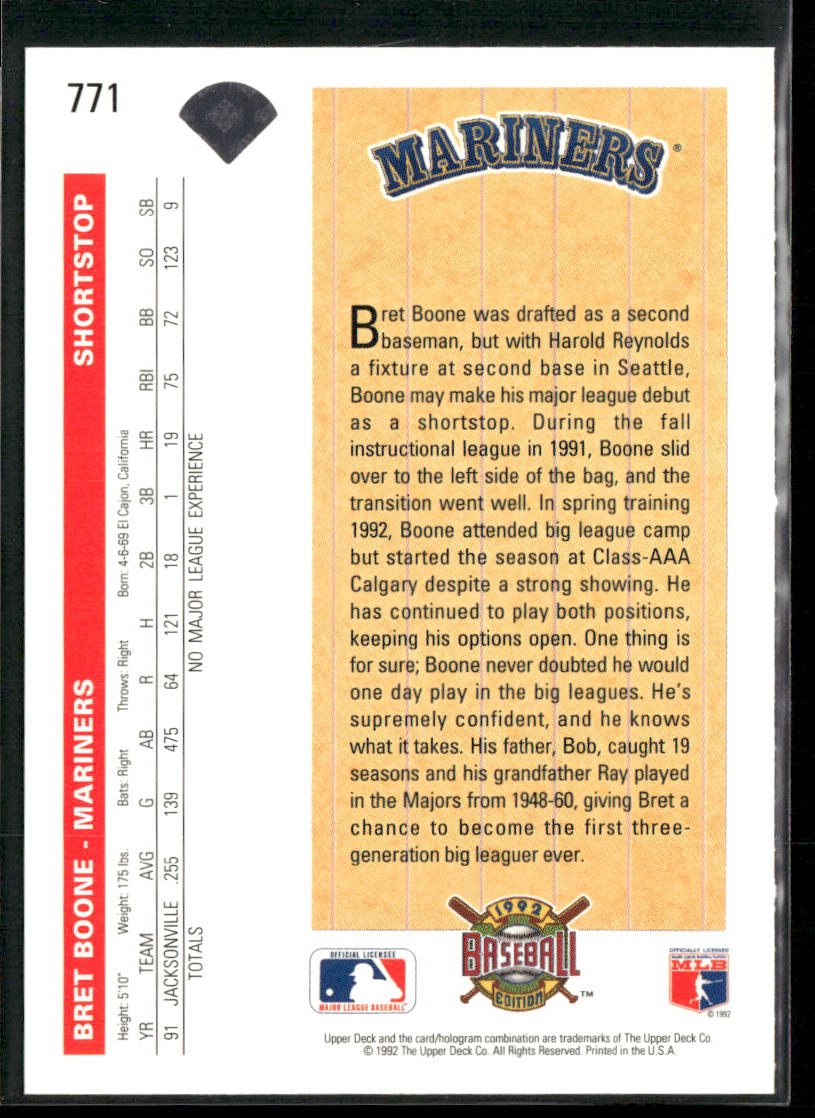 Bret Boone 1992 Upper Deck #771 Seattle Mariners back