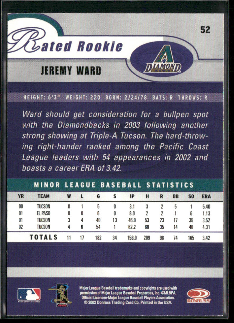 Jeremy Ward 2003 Donruss #52 Arizona Diamondbacks back