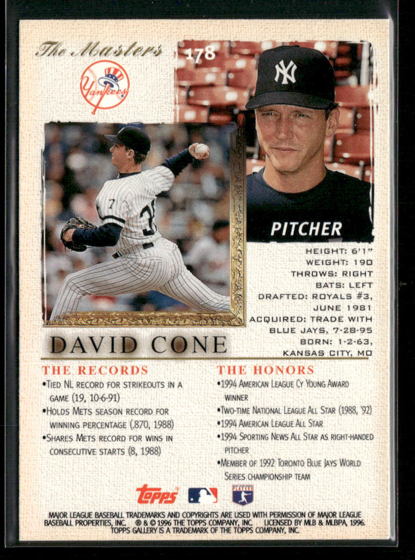 David Cone 1996 Topps Gallery #178 New York Yankees back