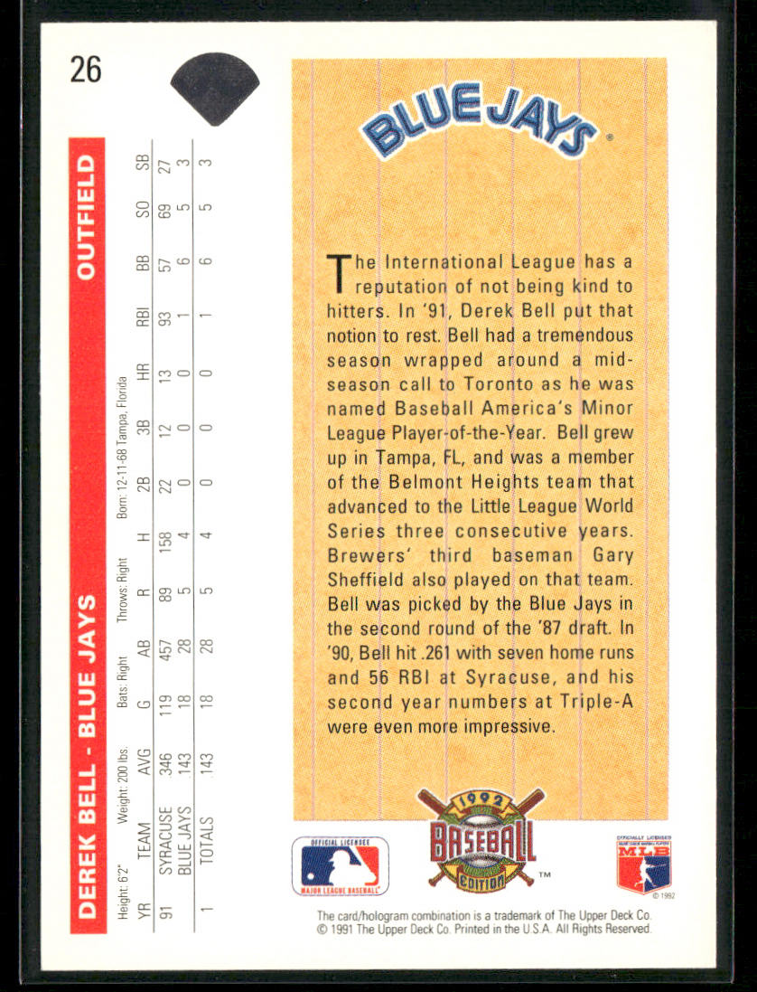 Derek Bell 1992 Upper Deck #26 Toronto Blue Jays