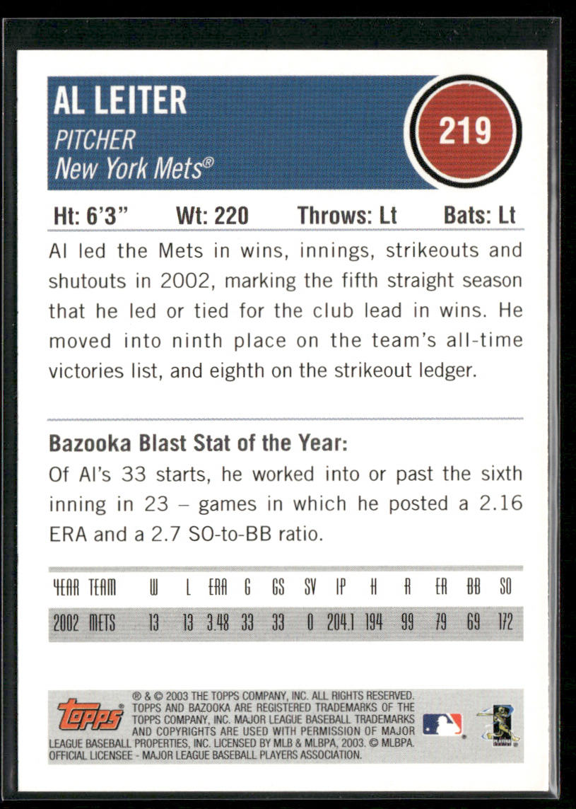Al Leiter 2003 Bazooka #219 New York Mets back