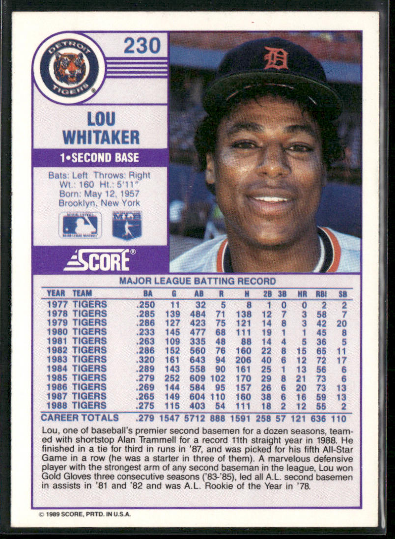 Lou Whitaker 1989 Score #230 Detroit Tigers