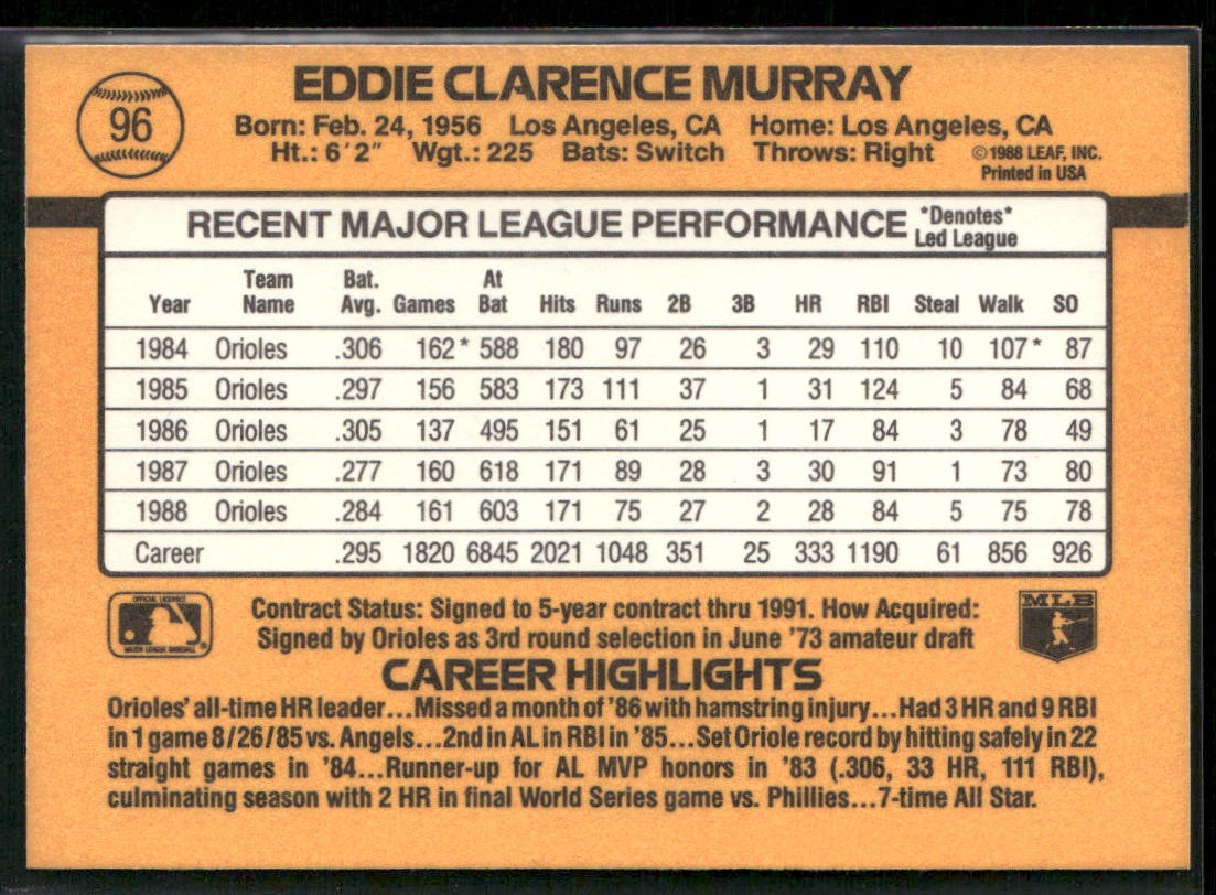 Eddie Murray 1989 Donruss #96 Baltimore Orioles