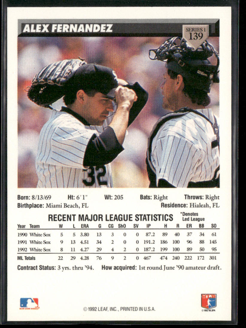 Alex Fernandez 1993 Donruss #139 Chicago White Sox back