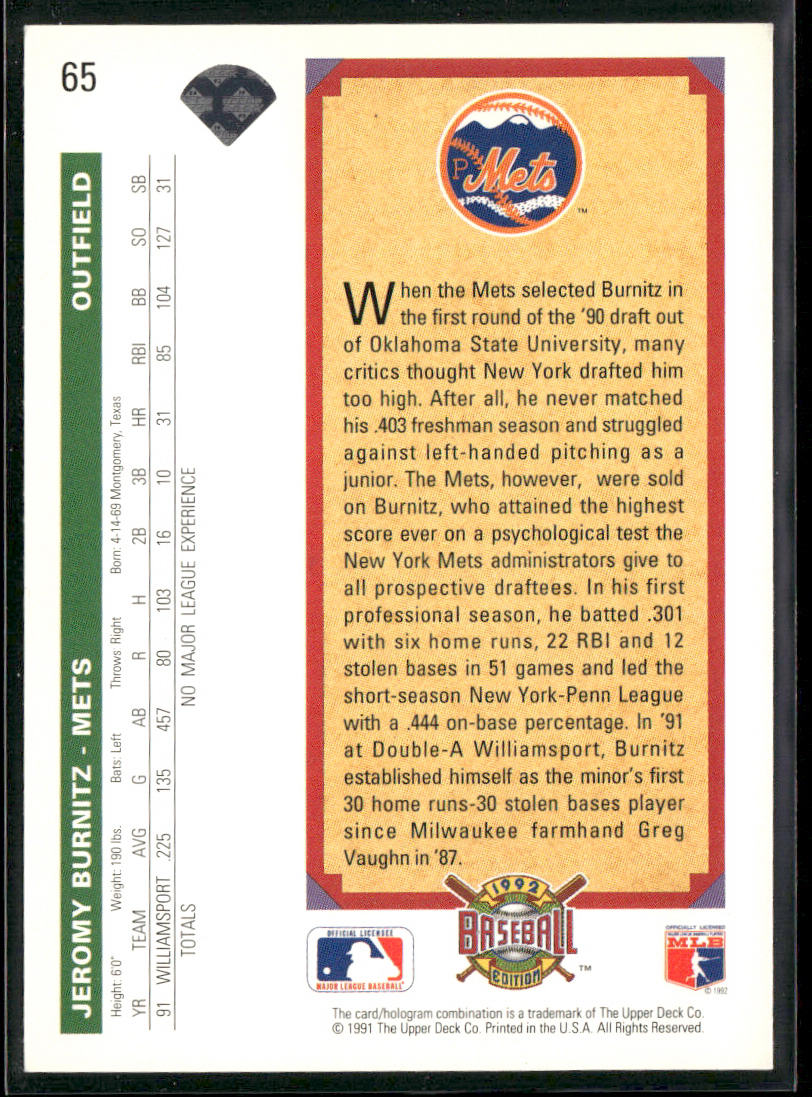 Jeromy Burnitz 1992 Upper Deck #65 Pittsfield Mets