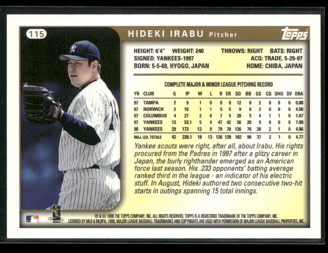 Hideki Irabu 1999 Topps #115 New York Yankees back