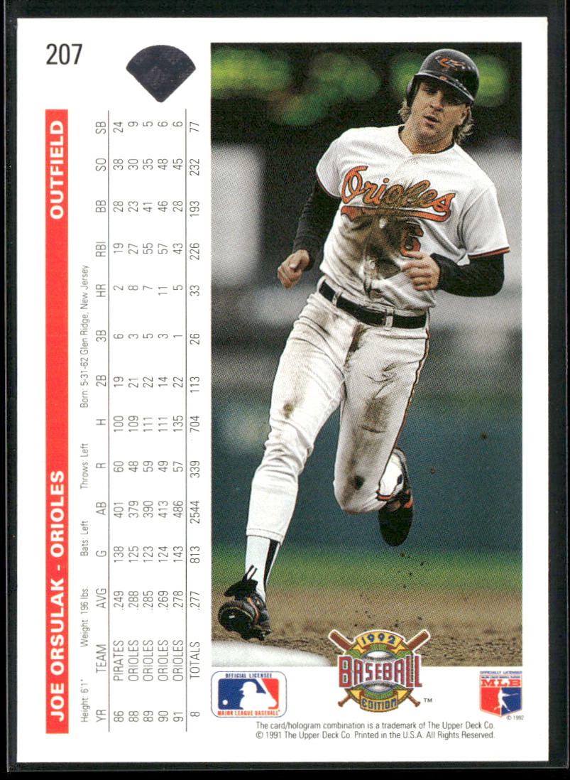 Joe Orsulak 1992 Upper Deck #207 Baltimore Orioles