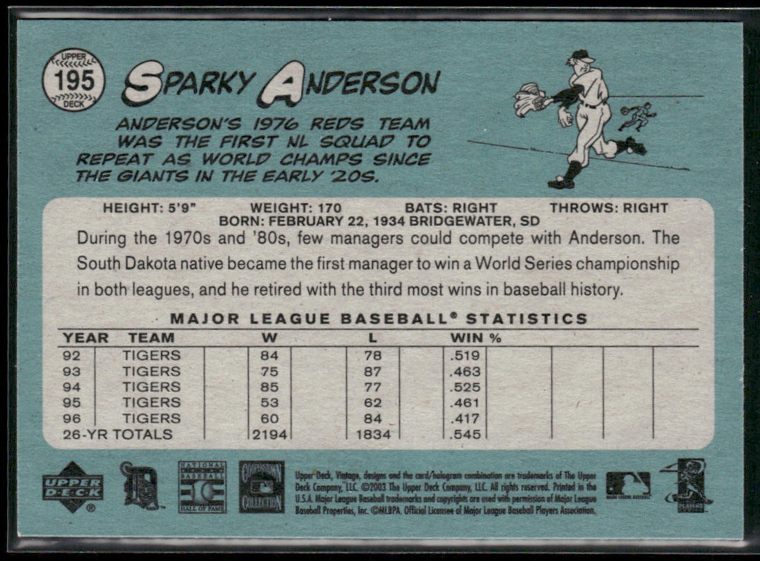 Sparky Anderson 2003 Upper Deck Vintage #195 Detroit Tigers