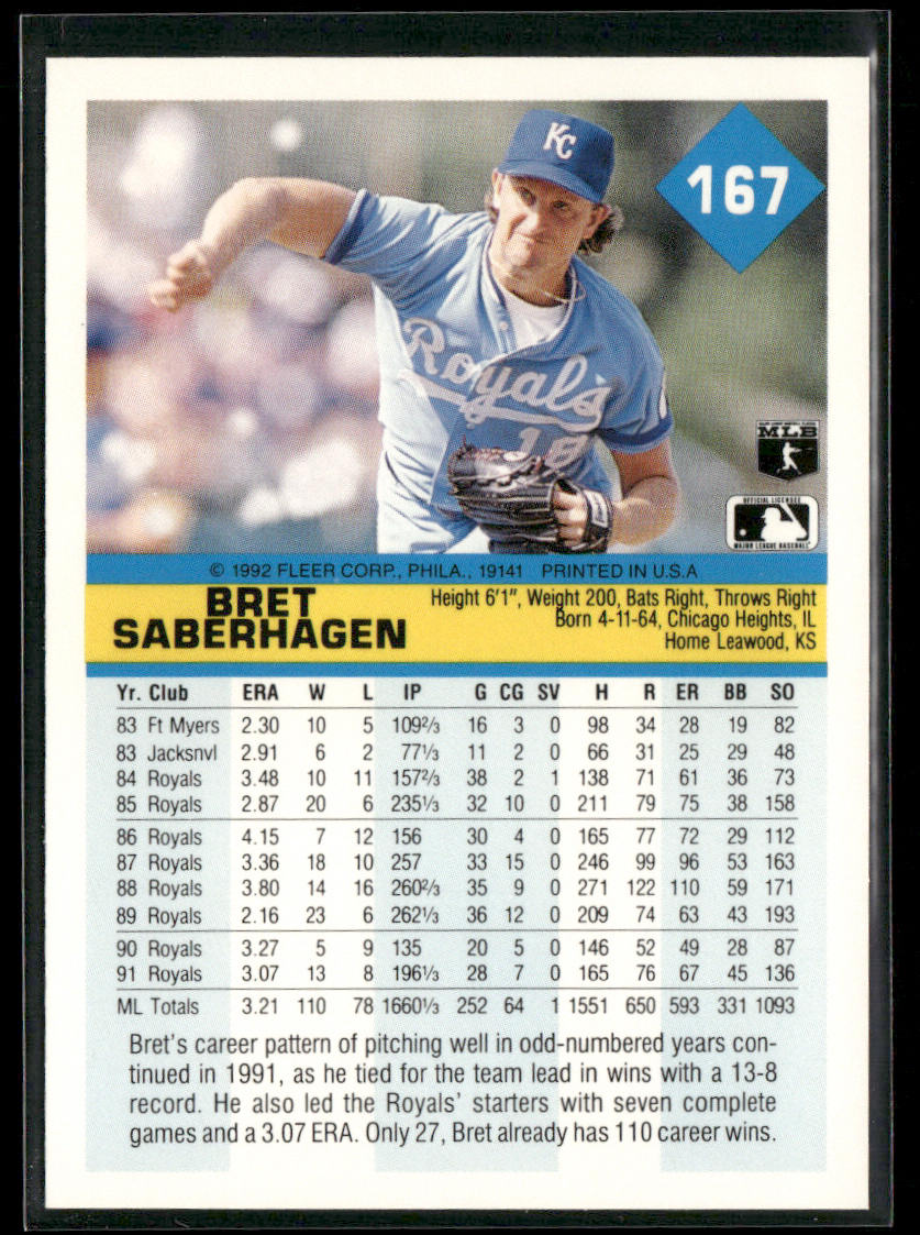 Bret Saberhagen 1992 Fleer #167b Kansas City Royals