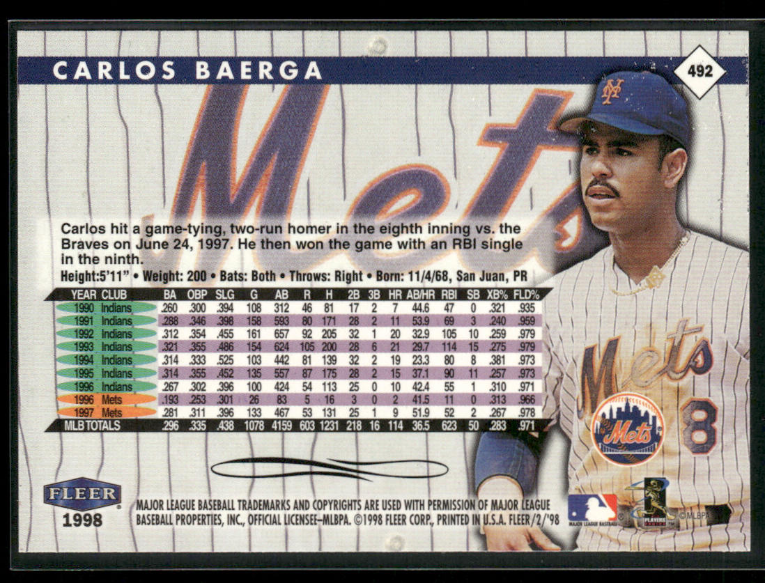 Carlos Baerga 1998 Fleer Tradition #492 New York Mets back