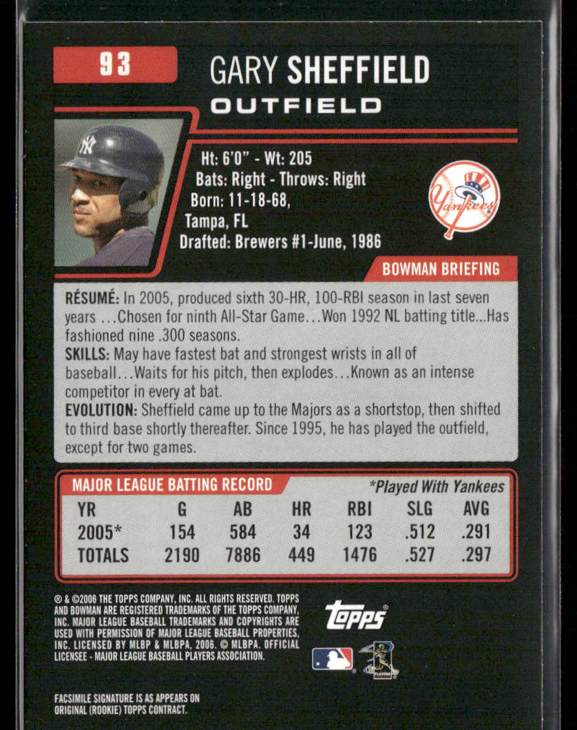 Gary Sheffield 2006 Bowman #93 New York Yankees