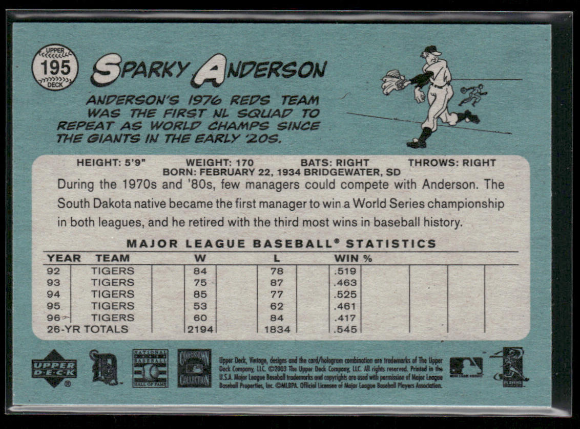 Sparky Anderson 2003 Upper Deck Vintage #195 Detroit Tigers back
