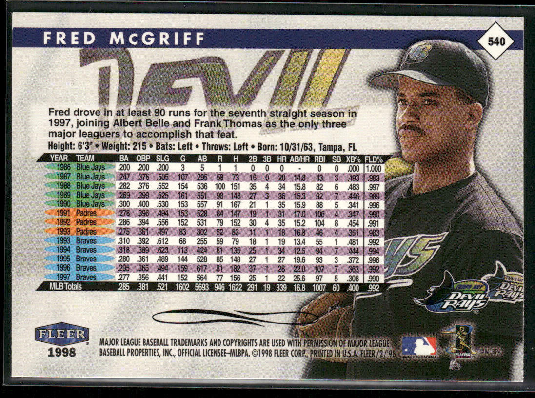 Fred McGriff 1998 Fleer Tradition #540 Tampa Bay Devil Rays back
