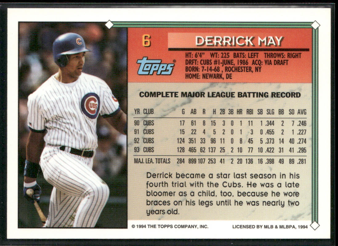 Derrick May 1994 Topps #6b Chicago Cubs