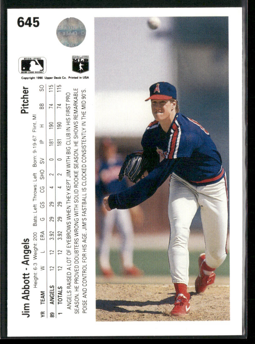 Jim Abbott 1990 Upper Deck #645 California Angels back