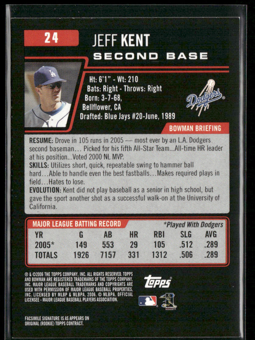 Jeff Kent 2006 Bowman #24 Los Angeles Dodgers back
