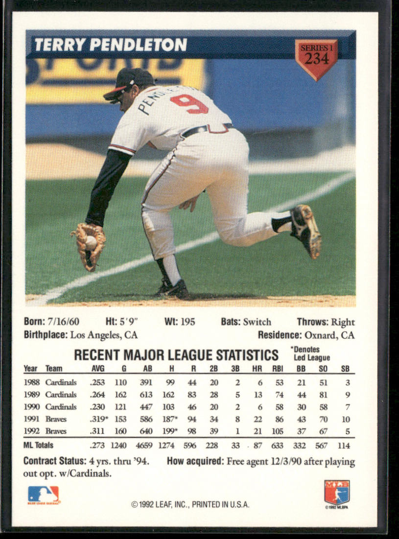 Terry Pendleton 1993 Donruss #234 Atlanta Braves back
