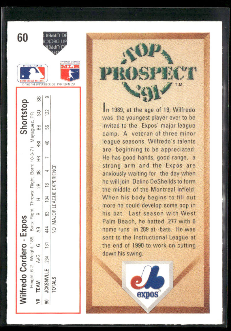 Wilfredo Cordero 1991 Upper Deck #60 RC Montreal Expos