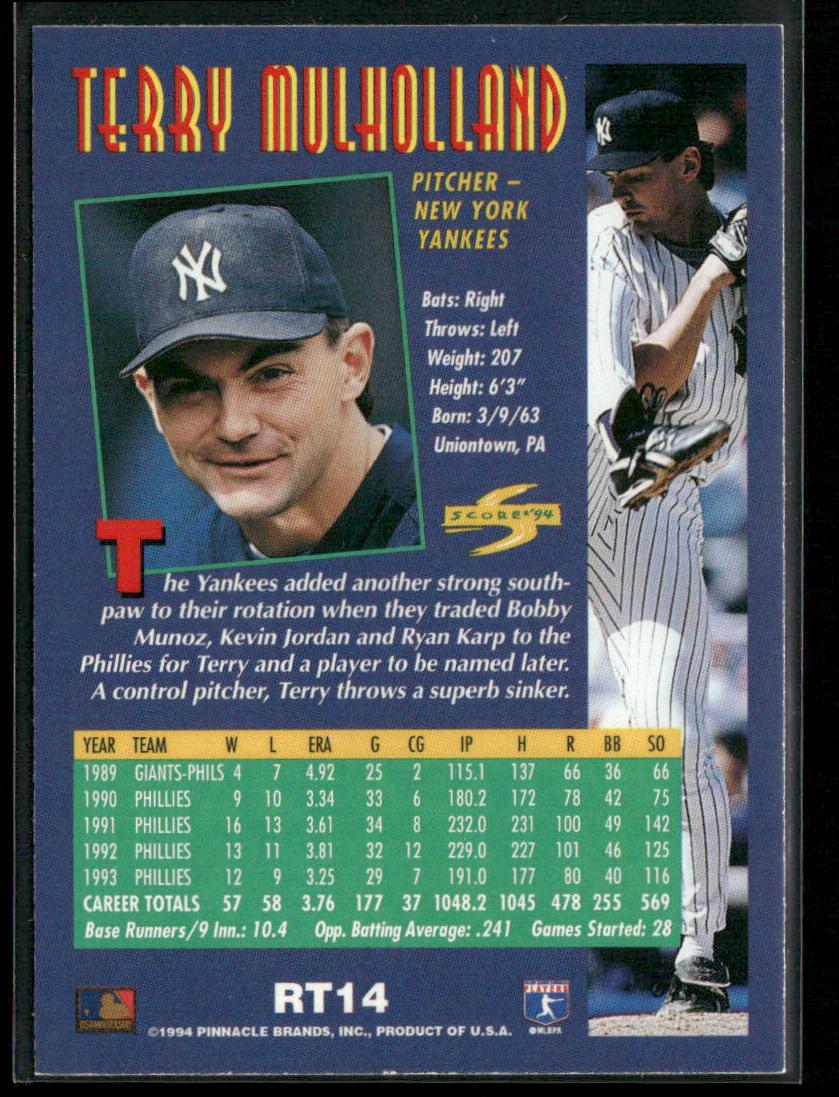 Terry Mulholland 1994 Score Rookie & Traded #RT14 New York Yankees
