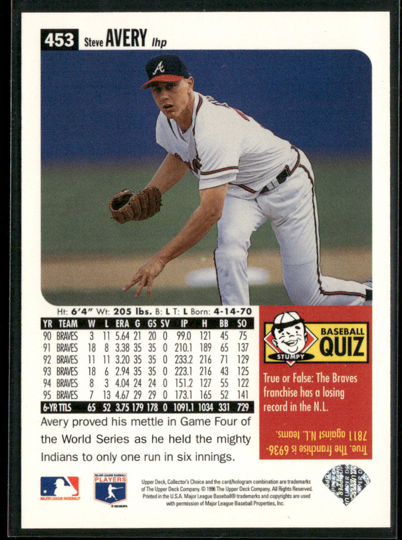 Steve Avery 1996 Collector's Choice #453 Atlanta Braves