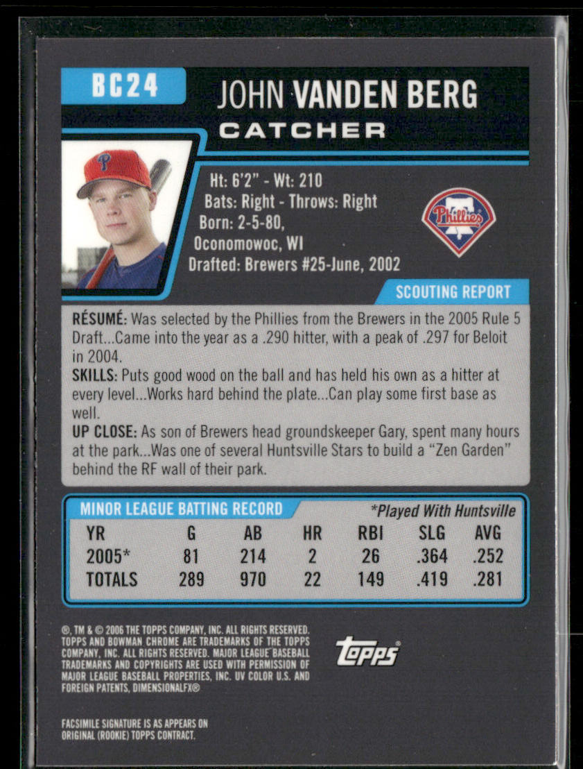 John Vanden Berg 2006 Bowman Chrome Prospects #BC24 Philadelphia Phillies