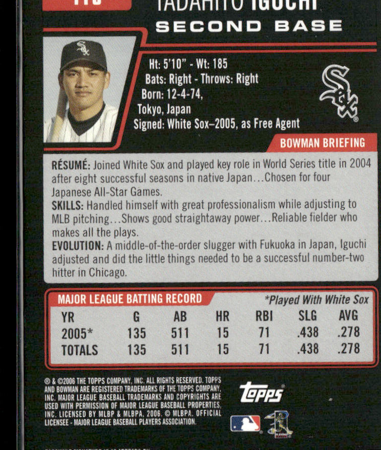 Tadahito Iguchi 2006 Bowman #110 Chicago White Sox back