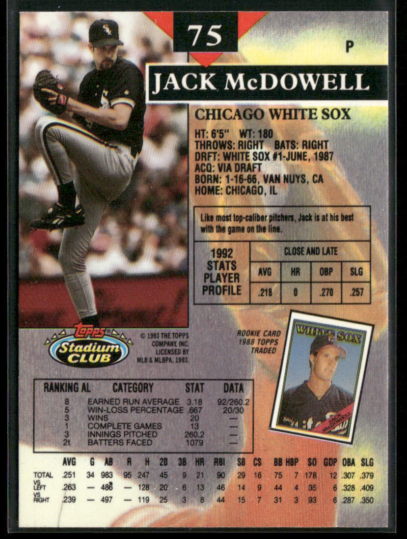 Jack McDowell 1993 Stadium Club #75 Chicago White Sox back