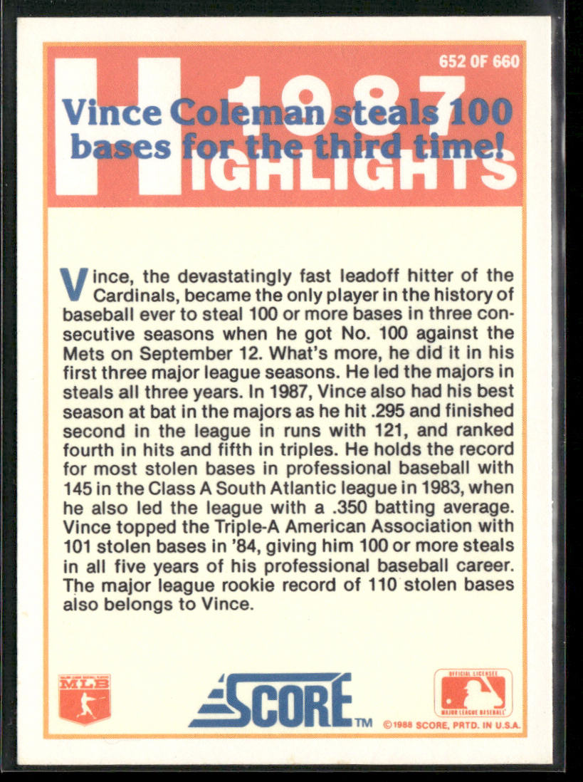 Vince Coleman 1988 Score #652 St. Louis Cardinals