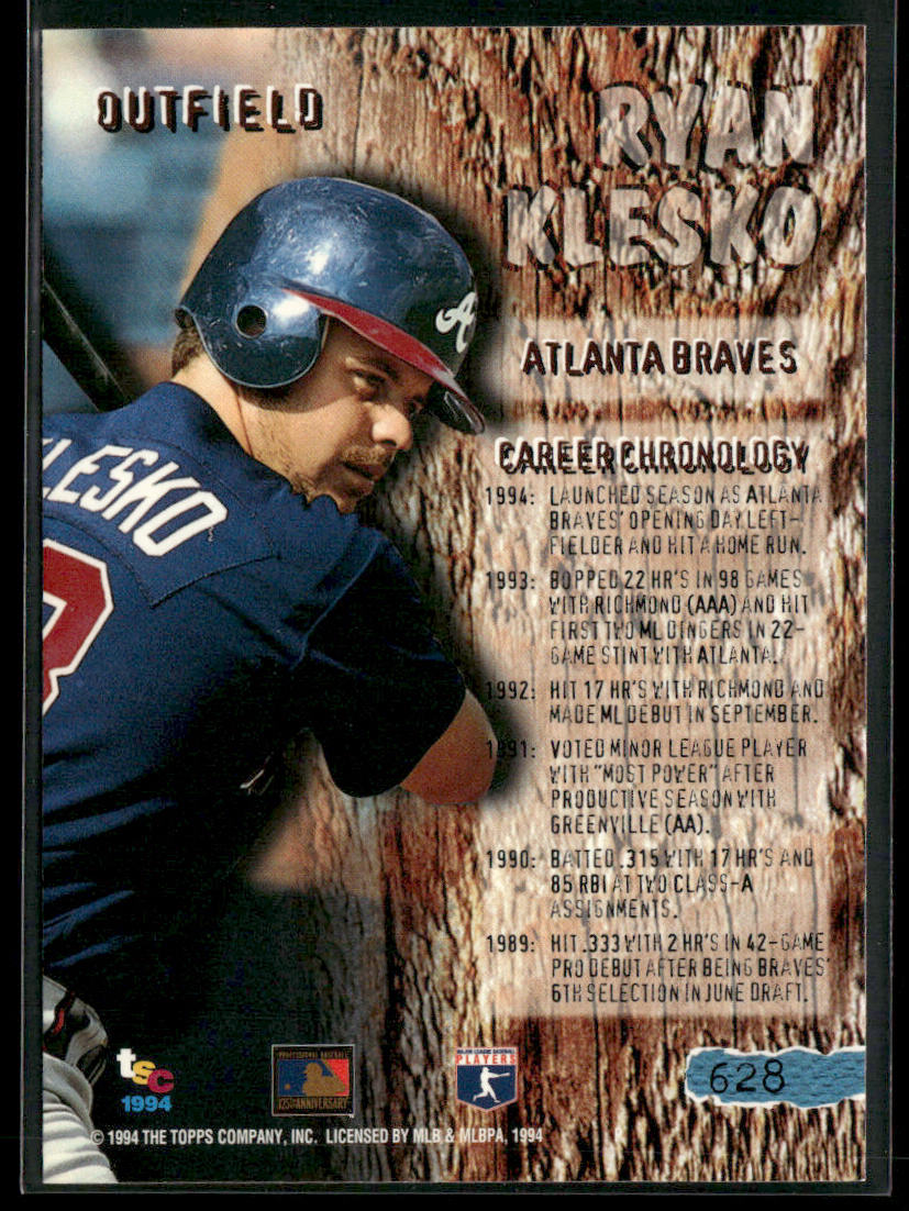 Ryan Klesko 1994 Stadium Club #628 Atlanta Braves back