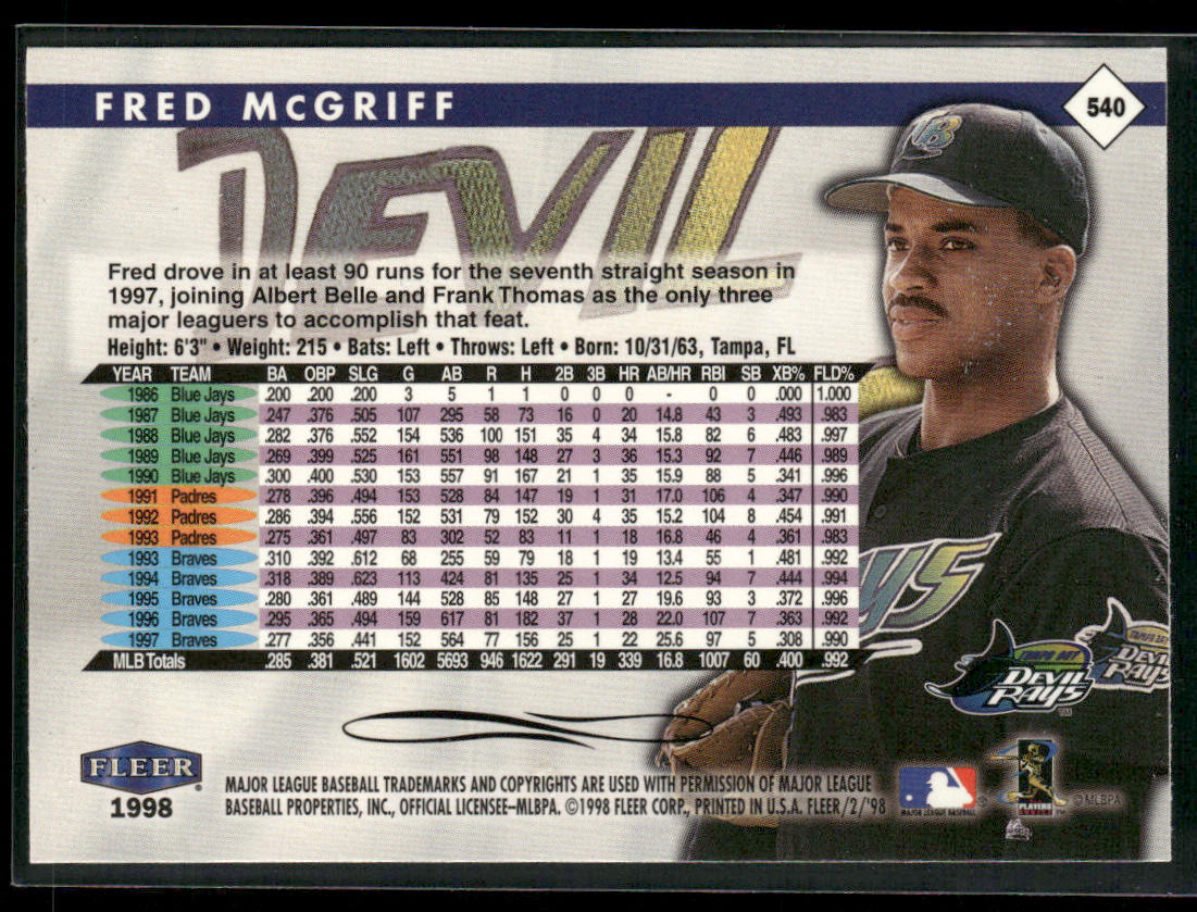 Fred McGriff 1998 Fleer Tradition #540 Tampa Bay Devil Rays back