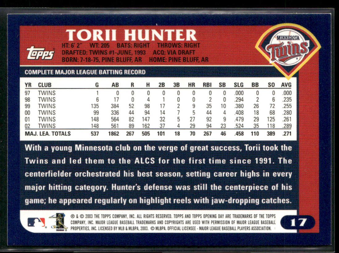Torii Hunter 2003 Topps Opening Day #17 Minnesota Twins back