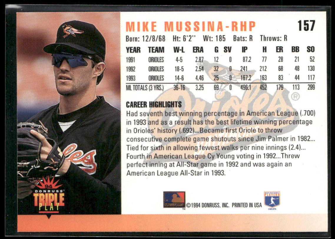 Mike Mussina 1994 Triple Play #157 Baltimore Orioles back