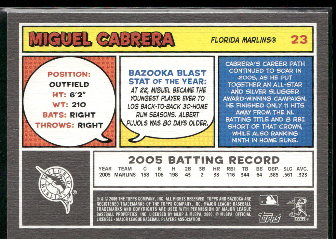 Miguel Cabrera 2006 Bazooka #23 Florida Marlins back
